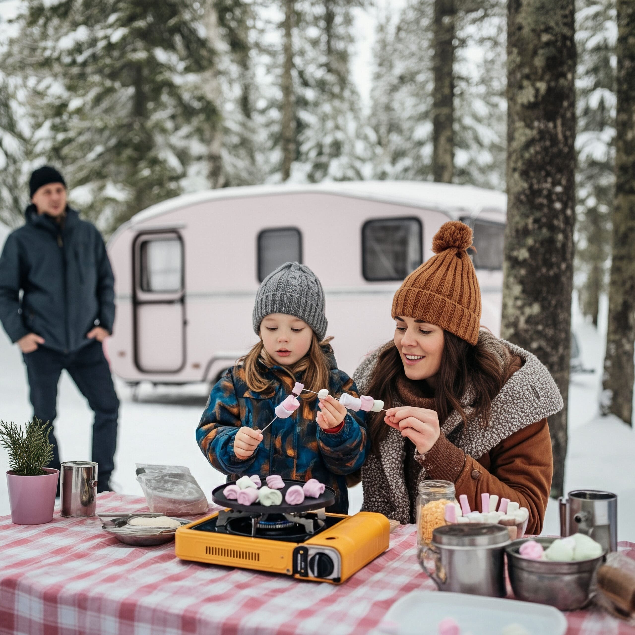 A protective barrier installed around the base of an RV to enclose the underside and act as a shield. Adding skirting is one of the most effective ways to improve insulation, conserve heat, and protect plumbing during winter camping. Skirting material can vary from insulated vinyl panels to heavy-duty fabric, to foam boards or DIY options made of plywood or corrugated plastic. Professionally made skirting can cost $1,000 to $3,000, while DIY solutions may be as low as $200 to $500. Installation and removal are straightforward, but some options may require more effort due to weight. Figure a moderate amount of storage space. – Winter family scaled 1